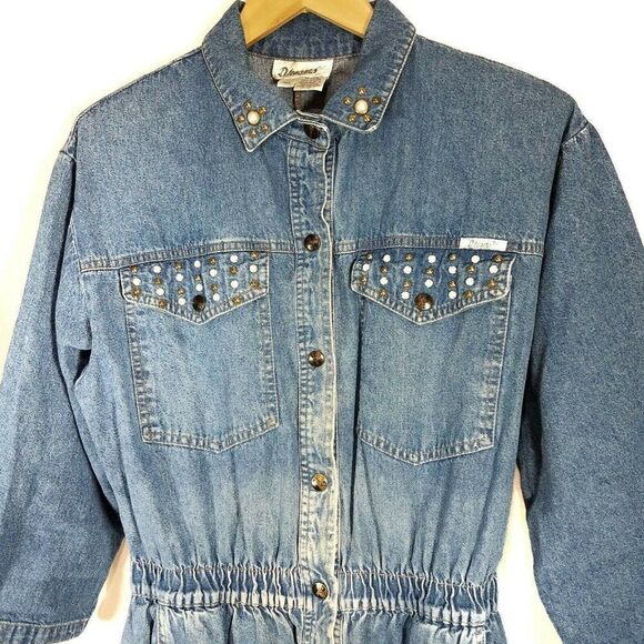 𝅺VINTAGE DREAMS Denim Dress Blue Shoulder Pads Cinched Elastic Waist Large - Picture 4 of 8